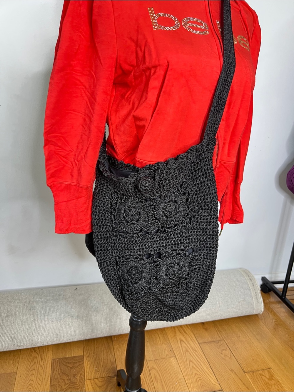 Hand Crafted Black Crochet Shoulder Bag with Floral Motifs